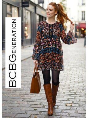 BCBGeneration - Boho BCBG lace up front floral print dress with bell sleeves